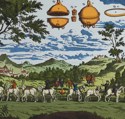 Versió acolorida del gravat de [Gaspar Schott](https://www.gabinetedelgrabado.com/galer%C3%ADa/la-revolución-de-las-ciencias-s-xvii/schott-1608-1666/) del experiment de l'Otto von Guericke dels hemisferis de Magdeburg. Crrèdits: [Science Source](https://www.sciencesource.com/archive/Magdeburg-Hemispheres--17th-Century-SS2636797.html).